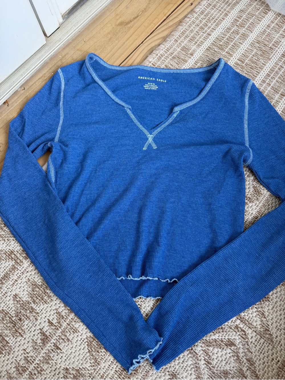 American Eagle Outfitters Blue Long Sleeve Ribbed Top with Contrast Stitching